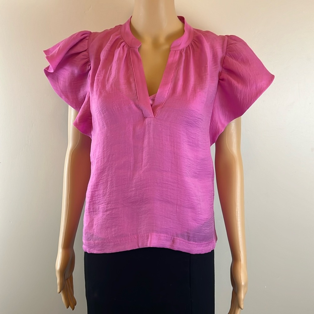 Jonathan Simkhai Ayme Pink Organdy Ruffle Sleeve Top